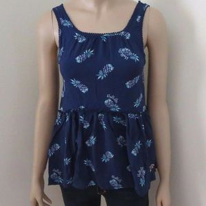 Hollister Y2K Blue Pineapple Print Babydoll Tank Top Open Back Lace Trim Size XS